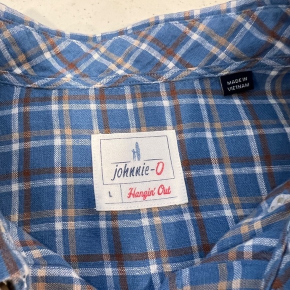 johnnie-O Hangin Out Linen Button Up Shirt - Omar Wake Blue Tan Plaid NWOT - Picture 3 of 8